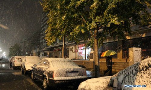 A heavy snow hits Beijing, capital of China, early on November  4, 2012. The capital city had witnessed snowfall and sleet since Saturday night as cold current swept north China and dropped temperature. Photo: Xinhua