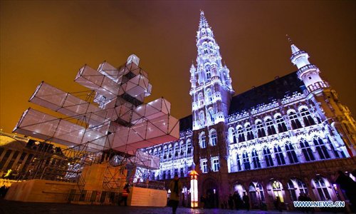 A 24-metre-high electronic Christmas tree is illuminated at Grand Place in Brussels, capital of Belgium, November 30, 2012. Photo: Xinhua