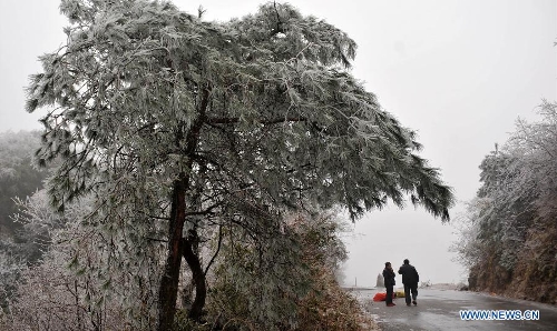 Visitors view the winter scenery on Mao'er Mountain in Guilin, south China's Guangxi Zhuang Autonomous Region, Jan. 7, 2013. (Xinhua/Lu Bo'an)&nbsp; 