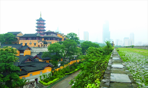 A view of Nanjing's ancient temple from the city wall. 