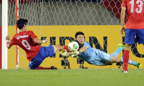 Chinese keeper Zeng Cheng (No.1) was kicked in the neck by South Korea's Seo Dong-hyeon on Wednesday. Photo: CFP