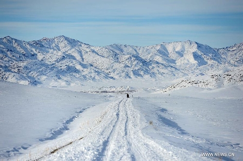 Photo taken on Jan. 8, 2013 shows the beautiful snow scenery of Qagan Gol Town in Qinghe County, northwest China's Xinjiang Uygur Autonomous Region. (Xinhua/Sadat)&nbsp; 