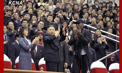 Kim Jong-un (center) and Rodman show up together at the exhibition game on February 28, 2013 in Pyongyang.Photo: KCNA