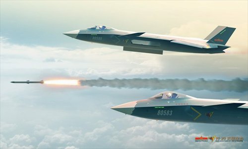 A picture exposed that Chinese stealth fighter J-20  may be armed with a new model of air-to-air missiles in its side weapon bay days ago. Fans draw some sketch photos showing that the fighter is lanuching missiles in the air. (Source: huanqiu.com)