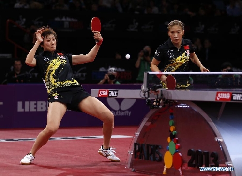 Ding Ning and Liu Shiwen(R) of China compete during the semifinal of women's doubles against their teammates Chen Meng and Zhu Yuling at the 2013 World Table Tennis Championships in Paris, France on May 19, 2013. Ding Ning and Liu Shiwen won 4-3. (Xinhua/Wang Lili) 