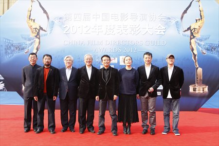 Final judge members of this year's China Film Directors' Guild Award. From left, Gu Changwei, Mi Jiashan, Yu Benzheng, Xie Fei, Huang Jianxin, Ma Liwen, Fang Gangliang and Zhang Meng Photos: Courtesy of China Film Directors Guild Award