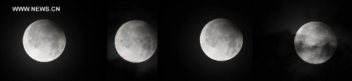 Combination photo taken on April 26, 2013 shows a partial lunar eclipse over the sky of Qionghai, south China's Hainan Province. The earth casts a shadow on the face of the moon and makes the partial lunar eclipse. (Xinhua/Meng Zhongde)