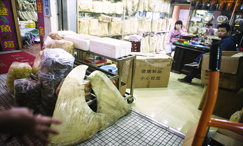 Dry shark fin on sale at a store in Jingshen seafood market in Fengtai district Wednesday. Photo: Li Hao/GT