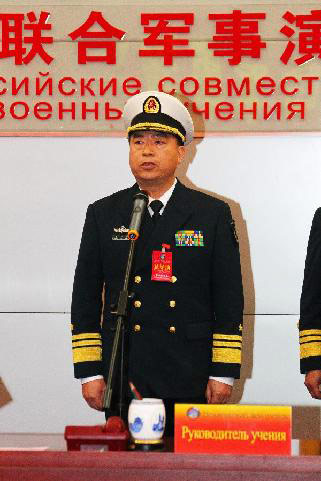Ding Yiping, deputy commander of the Navy of the Chinese People's Liberation Army, delivers exercise tasks of the Russia-China joint naval exercise in Qingdao, east China's Shandong Province, April 22, 2012. The Russia-China joint naval exercise, scheduled to be held from April 22 to 27 in the Yellow Sea of the Pacific Ocean, officially started on Sunday morning. Photo: Xinhua
