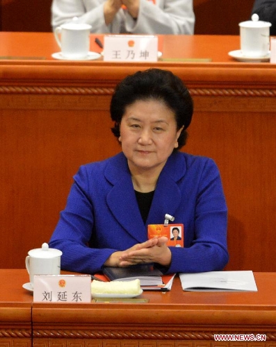  Liu Yandong attends the sixth plenary meeting of the first session of the 12th National People's Congress (NPC) in Beijing, capital of China, March 16, 2013. Zhang Gaoli, Liu Yandong, Wang Yang and Ma Kai were endorsed as vice premiers of China's State Council at the meeting here on Saturday. (Xinhua/Wang Song) 