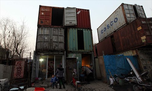 These stacked shipping containers are homes for a group of migrant workers living in Pudong. Photo: Yang Hui/GT