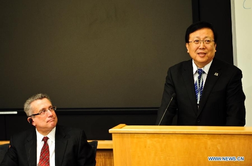 Chinese Vice Minister of Education Hao Ping (R) makes a speech at the opening ceremony of the Second US-China State and Province Education Leaders Dialogue with Mitchell Chester, Commissioner of Massachusetts Department of Elementary and Secondary Education, sitting next to him at Harvard University in Cambridge, Massachusetts, the United States, on April 8, 2013. Participants from China and the United States would have discussions on the education quality and under-achieving schools, as well as US-China partnerships and exchanges on education in the two-day dialogue. (Xinhua/Deng Jian) 