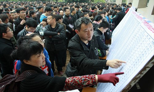 Parents check the score board in March after independently held college entrance exams in Wuhan, Central China's Hubei Province. Photo: IC