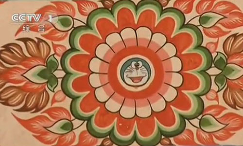 Japanese cartoon character Doraemon appears in murals at the Wat Sampa Siw temple, Thailand. Photos: screen shot of CCTV