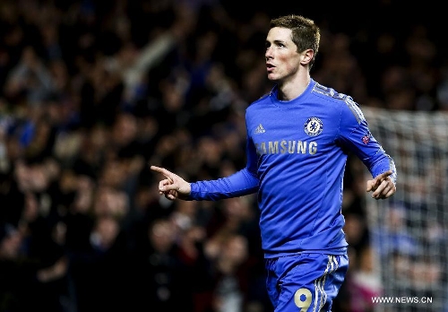 Chelsea's Fernando Torres celebrates during their Europa League soccer match against Steaua Bucharest in London March 15, 2013. Chelsea won 3-1 and entered the next round by 3-2 on aggregate. (Xinhua/Tang Shi) 