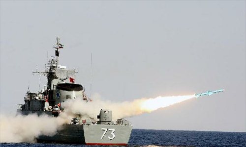 A missile is launched during the fifth day of the six-day naval drill dubbed Velayat 91 from the coastline of the sea of Oman in southern Iran on Jan. 1, 2013. Iranian navy test-fired Tuesday the Noor long-range missile in the ongoing naval drill, the official IRNA news agency reported. Photo: Xinhua
