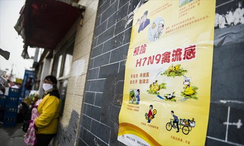 A poster, illustrating how to prevent infections of the H7N9 virus, stuck to a wall in Naidong village of Chaoyang district, Beijing, on Monday. Photo: Li Hao/GT