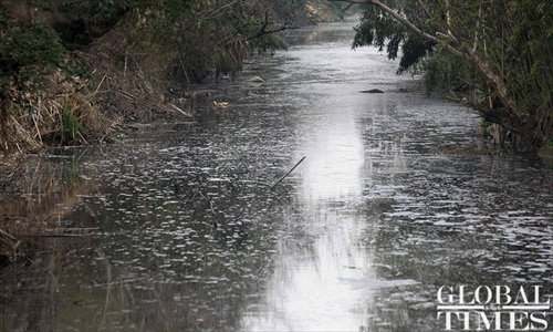 The river in Henggang village, Nanhu district, has turned black as farmers have dumped pig swill into it for a long time. Photo: Yang Hui / GT