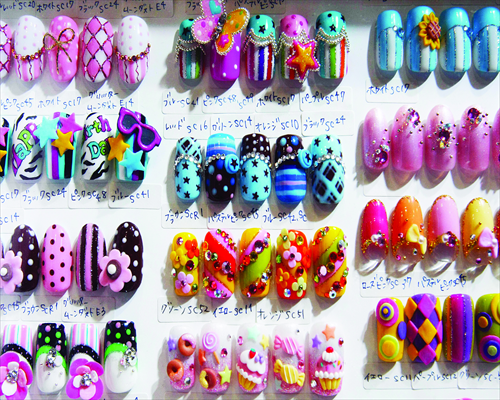 Samples of nail art displayed at the Tokyo International Nail Expo in November 2010
