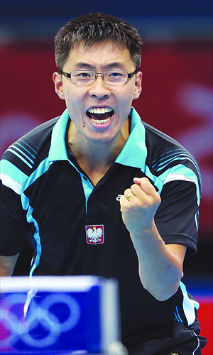 Chinese-Polish table tennis player Wang Zengyi celebrates his win against Zhiwen He of Spain during the men's singles table tennis Olympics on Sunday. Photo: IC