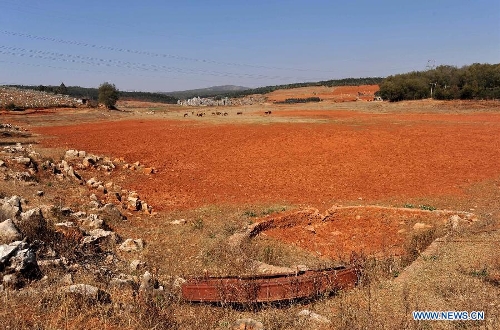  A dried reservoir is seen in Shilin County of southwest China's Yunnan Province, Feb. 27, 2013. About 600,000 people are facing shortage of drinking water amid severe drought that hit southwest China's Yunnan Province for the fourth straight year, and the current drought has affected 5.11 million mu of cropland in the province China's drought relief authority said Feb. 21, 2013. (Xinhua/Lin Yiguang)  