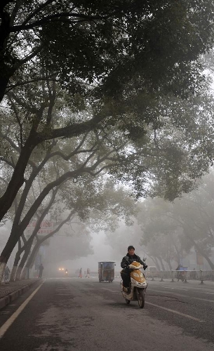 Citizens ride on the fog-shrouded Chongxin Road in Guilin, southwest China's Guangxi Zhuang Autonomous Region, Jan. 13, 2013. Dense fog on Sunday hit China's east and central regions from the northeast to the south, causing serious air pollution. (Xinhua/Lu Bo'an) 