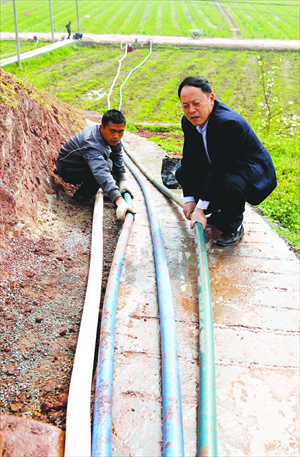 Technicians help farmers to lay pipes Wednesday for micro-sized water pumps, which will be used to irrigate grain fields in Huaying, Southwest China’s Sichuan Province. The province produced 33.15 million tons of grain in 2012, equivalent to 5.6 percent of the country’s total grain output, according to the National Bureau of Statistics. Photo: CFP