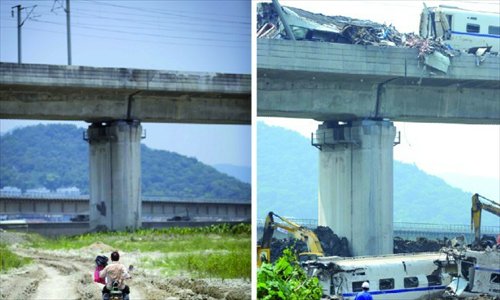 A photo montage contrasts the train crash scene then (R) and now. Photos: Cai Xianmin/GT
