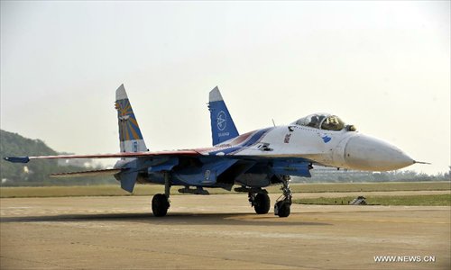 A Su-27 fighter jet of Russian aerobatic tam 