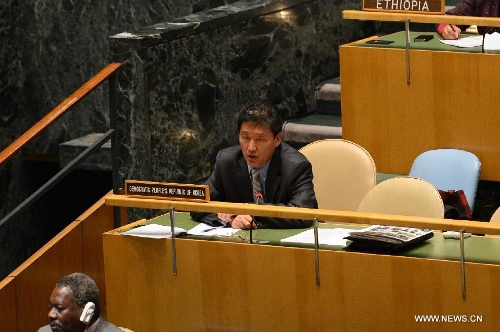 A delegate of the Democratic People's Republic of Korea (DPRK) speaks during a meeting on the Arms Trade Treaty at the UN headquarters in New York, April 2, 2013.The UN General Assembly on Tuesday voted to adopt the Arms Trade Treaty, which regulates the multi-billion-U.S. dollar international arms trade. The treaty was adopted by a vote of 154 to 3, with 23 countries abstaining from the vote. The Democratic People's Republic of Korea (DPRK), Iran and Syria voted against the treaty. (Xinhua/Niu Xiaolei) 