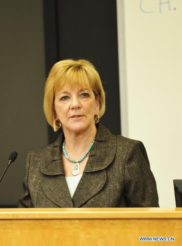 Deb Delisle, assistant secretary for Elementary and Secondary Education in the United States Department of Education, delivers a speech at the opening ceremony of the Second US-China State and Province Education Leaders Dialogue at Harvard University in Cambridge, Massachusetts, the United States, on April 8, 2013. Participants from China and the United States would have discussions on the education quality and under-achieving schools, as well as US-China partnerships and exchanges on education in the two-day dialogue. (Xinhua/Deng Jian) 