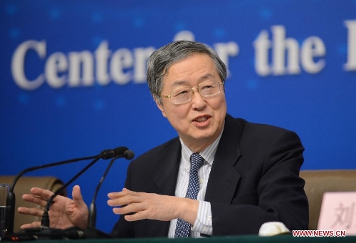 Zhou Xiaochuan, China's central bank governor, speaks at a news conference on China's currency policy and financial reform held by the first session of the 12th National People's Congress (NPC) in Beijing, capital of China, March 13, 2013. (Xinhua/Qin Qing)