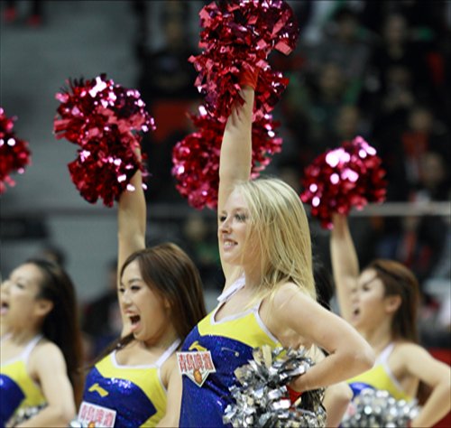 Linn Englund Holm (blonde) cheers for the Shanghai Sharks bringing her personalities and energy to the games and the fans. Photo: Courtesy of the cheerleader 