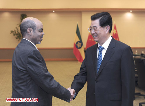 Chinese President Hu Jintao (R) meets with Ethiopian Prime Minister Meles Zenawi in Los Cabos, Mexico, June 17, 2012. Photo: Xinhua