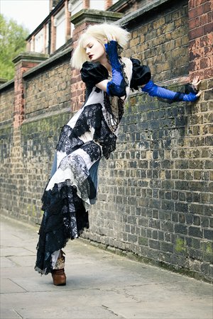 A model in a one-piece dress from Liu's brand Victim Fashion Street 