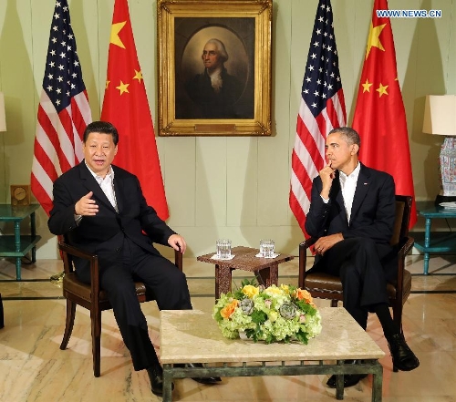 Chinese President Xi Jinping (L) and U.S. President Barack Obama meet the press after their meeting at the Annenberg Retreat, California, the United States, June 7, 2013. (Xinhua/Yao Dawei) 
