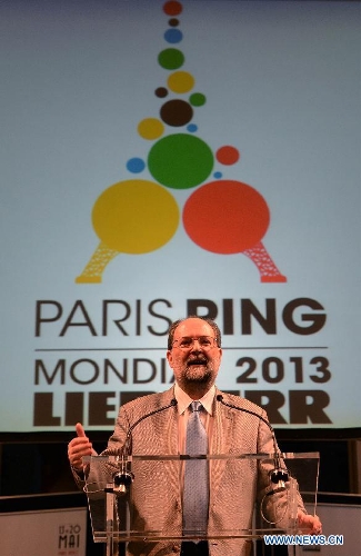 President of the International Table Tennis Federation (ITTF) Adham Sharara delivers a speech during the official draw of the upcoming World Table Tennis Championships in Paris, France, May 11, 2013. The world championships will kick off on May 13 and the final event will be held on May 20. (Xinhua/Tao Xiyi) 