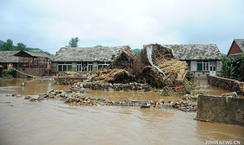 Houses are surrounded by floodwaters in Daweizi village of Xiuyan County, northeast China's Liaoning Province, Aug. 5, 2012. Nearly 1.46 million people in Liaoning were affected by heavy rains and floods caused by Typhoon Damrey, authorities said Sunday. Photo: Xinhua