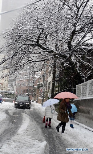 Pedestrians shelter under their umbrellas as it snows in Tokyo, capital of Japan, Jan. 14, 2013. A storm system hit eastern Japan on Monday resulting in heavy snow fall that had impacted on traffic in many prefectures, including the capital city of Tokyo. (Xinhua/Ma Ping) 