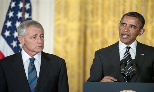 US President Barack Obama announces his nomination for Defense Secretary, Chuck Hagel (left) during an event in the East Room of the White House on January 7, 2013 in Washington, DC.  Photo: AFP
