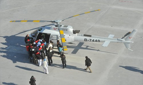 The Beijing Red Cross Emergency Rescue Center assigned a helicopter to transfer an injured Swedish boy from Zhangjiakou to Beijing on January 3 this year. Photo: CFP