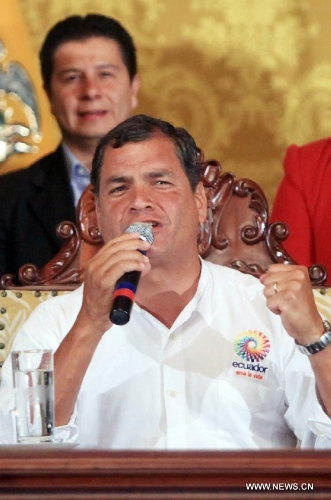 Ecuador's President Rafael Correa gives a speech after the news of Venezuelan President Hugo Chavez's death was released, in Quito, Ecuador, on March 5, 2013. Rafael Correa expressed his condolences on Venezuelan President Hugo Chavez's death and declared three days of national mourning in Ecuador. Venezuelan President Hugo Chavez died on March 5. (Xinhua/Santiago Armas)