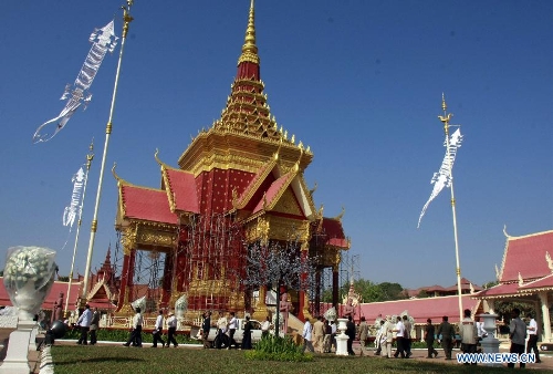 The custom-built crematorium for the cremation of late King Father Norodom Sihanouk is under construction in Phnom Penh, Cambodia, Jan. 19, 2013. Sihanouk died of illness at the age of 90 in Beijing on Oct. 15, 2012. His body will be moved to a custom-built crematorium at the Meru field next to the Royal Palace on Feb. 1 and kept it for another three days at the site before it is cremated on Feb. 4. (Xinhua/Sovannara) 