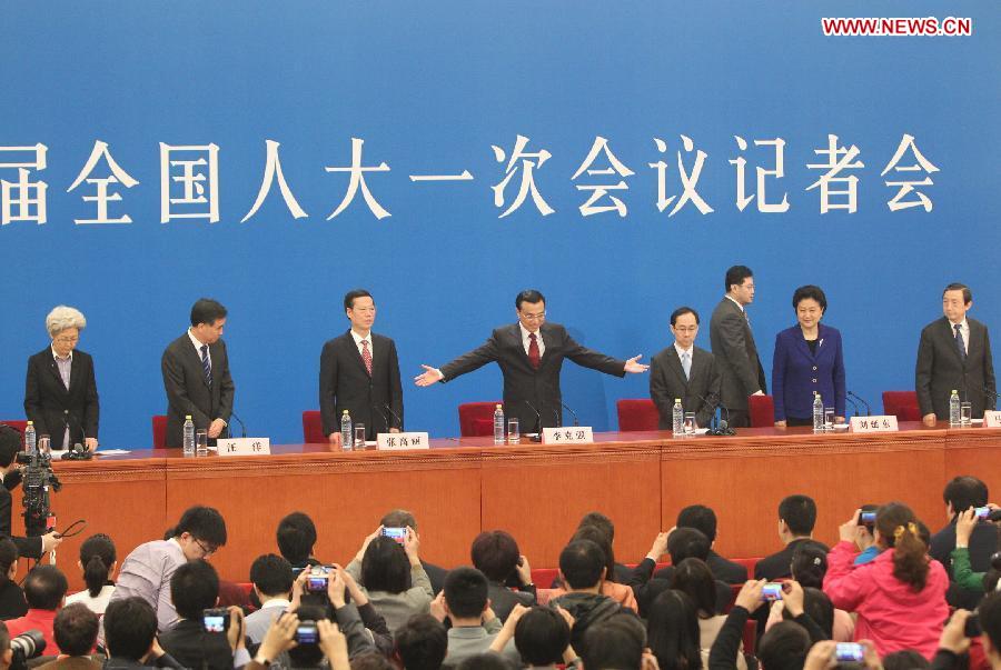 A press conference is held after the closing meeting of the first session of the 12th National People's Congress (NPC) at the Great Hall of the People in Beijing, capital of China, March 17, 2013. Chinese Premier Li Keqiang and Vice Premiers Zhang Gaoli, Liu Yandong, Wang Yang and Ma Kai met the press and answered questions here on Sunday. Photo: Xinhua