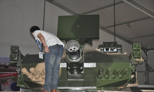 Thirty millimeter caliber 6 barrel mobile Gatling gun at display in Airshow China 2012. The gun can fire a curtain of bullets to destroy cruise missiles and aircraft. Photo: Xu Tianran/GT
