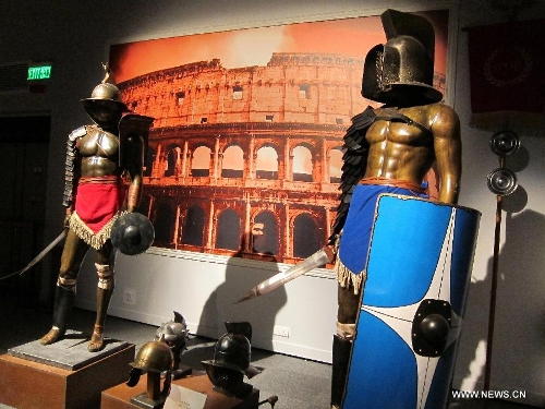  Models of ancient Rome's gladiator are seen during an exhibition at Hong Kong Science Museum in south China's Hong Kong, Jan. 23, 2013. Exhibition 