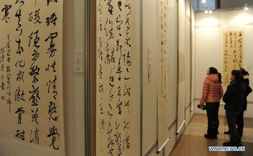 Visitors view calligraphy works at the Hebei Province Museum in Shijiazhuang, capital of north China's Hebei Province, Jan. 20, 2013. Over 160 works were displayed at a running script calligraphy exhibition, which kicked off on Sunday. (Xinhua/Wang Xiao) 