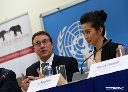 United Nations Environment Programme (UNEP) Executive Director Achim Steiner (L) and Chinese actress Li Bingbing attend a press conference at the UNEP headquarters in Nairobi, capital of Kenya, May 6, 2013. As an UNEP Goodwill Ambassador, Li Bingbing urged greater effort to combat illegal wildlife trade here on Monday. Li will travel to the Samburu National Reserve in northern Kenya this week, where she will meet wildlife experts and visit sites where elephants have recently been killed by poachers. (Xinhua/Meng Chenguang) 