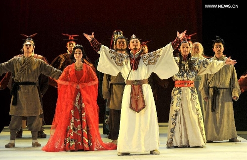Actors from Beijing People's Art Theater take curtain call after playing drama 