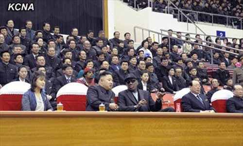Kim Jong-un (center) and Rodman show up together at the exhibition game on February 28, 2013 in Pyongyang.Photo: KCNA